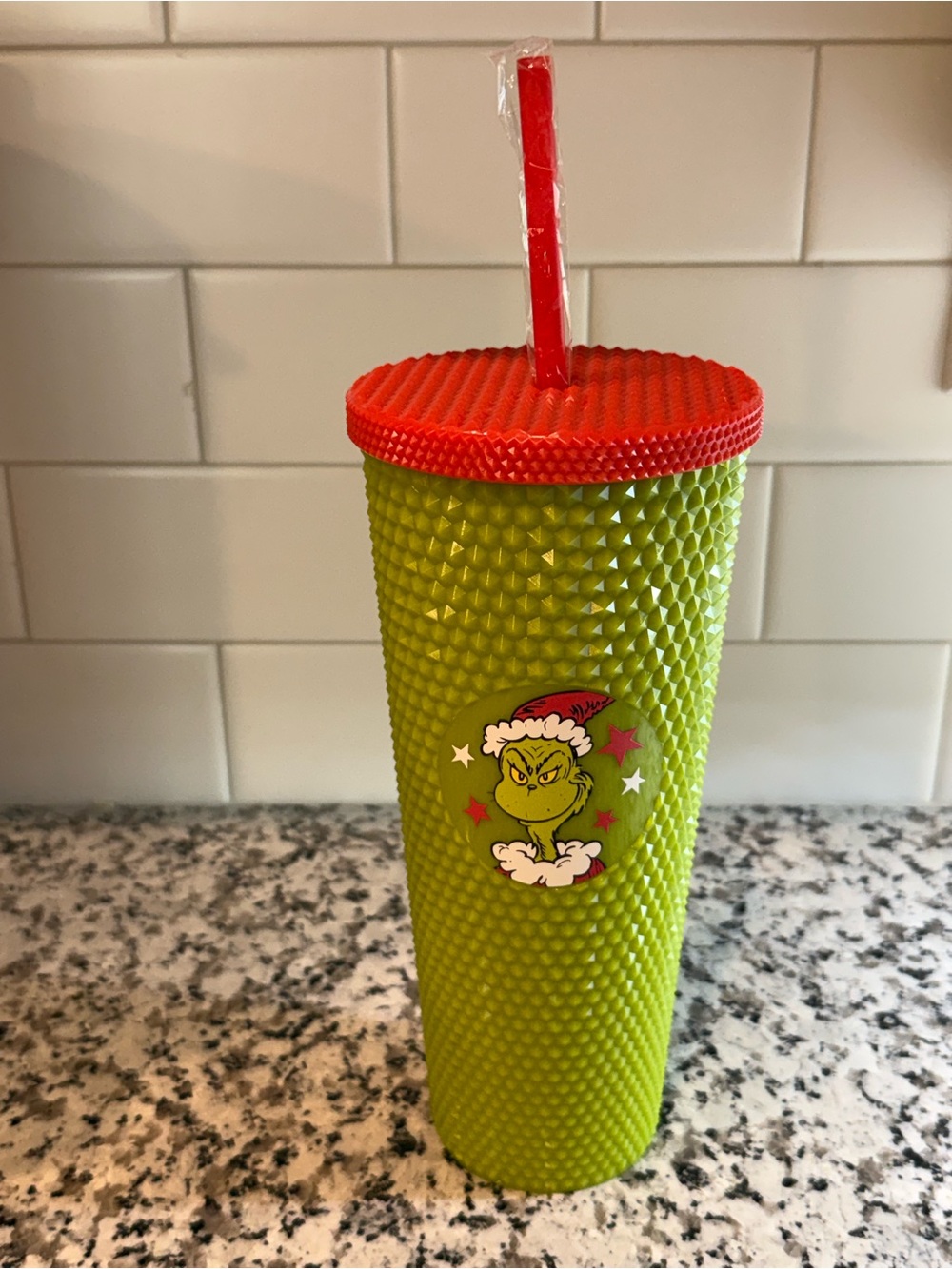 Grinch green plastic cup with lid and straw